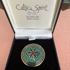 Celtic Spirit Enamel Green and Gold Brooch NEW